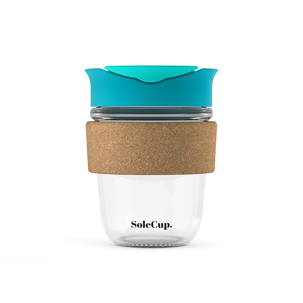 SoleCup. - Reusable Strengthened Glass Travel Cup - Spill Proof Coffee Mug - 12oz/340ml BPA-Free Hot Drink Travel Mug with Lid & Cork Band (Blue, 340ml / 12oz)