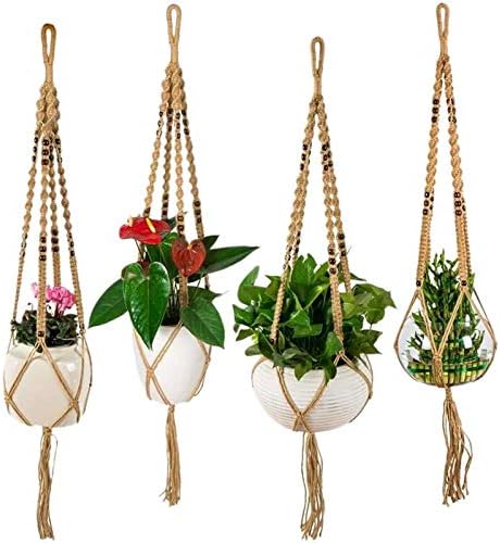 SAMLLMOON Hanging Basket 4Pcs Macrame Plant Hanger Indoor Outdoor Hanging Planter Net Basket Cotton Rope With Beads For Succulents Cacti Herbs Yellow