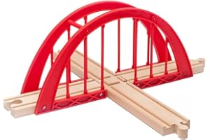 maxim enterprise, inc. Red Intersection Bridge, Model Railroad Bridge with Wooden Cross Track, Wooden Bridge Compatible with Thomas & Friends, Brio Railway, and All Major Brand Fine Wooden Train Sets