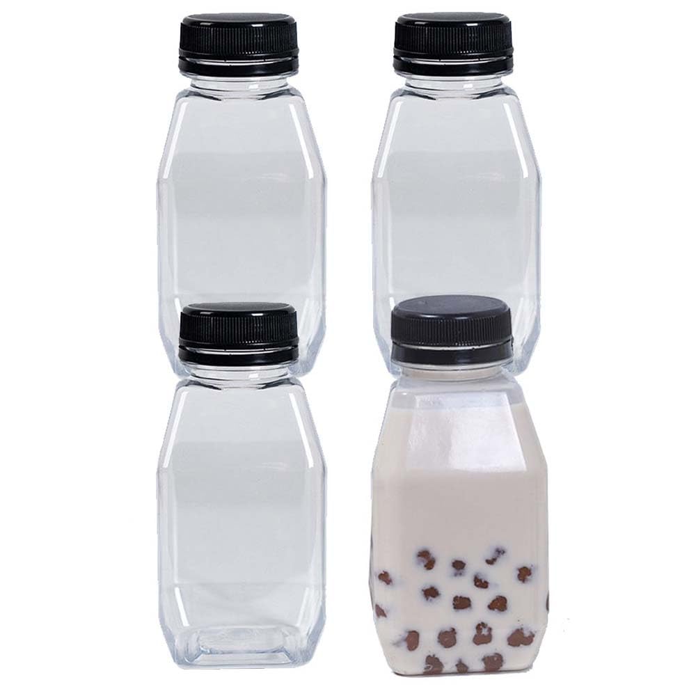 YALIHAIXIA 4Pcs 280ml Empty Plastic Juice Bottles Reusable Clear Drink Containers with BlackTamper Proof Lids for Juice Milk Coffee and Other Beverage