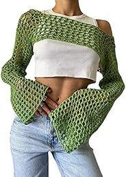 KEOMUD Women Mesh Crochet Crop Top Long Sleeve Hollow Out Cropped Knit Sweater Bikini Beach See Through Cover 