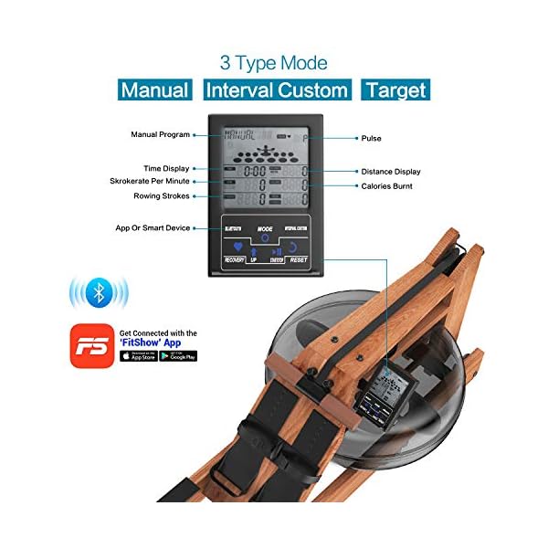 Mr. Captain Rowing Machine for Home Use,Water Resistance Natural Wood Rower with Bluetooth Monitor - Image 6