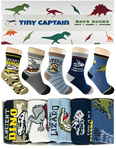 Tiny Captain Boy Dinosaur Socks 4-7 Year Old Boys Crew Cotton Sock Perfect Age 5 Gift Set (Medium, Green And Grey)