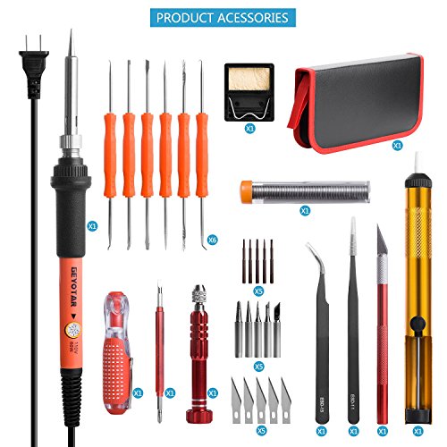 GEYOTAR Electric Soldering Iron Kit 110V 60W Adjustable Temperature Welding Tool Hobby Knife tweezers Desoldering Pump iron stand 5pcs Tips with Tool Carry bag