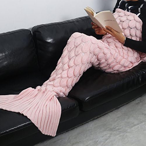Mermaid Tail Blanket Crochet for Adult Teens Living Room Bedroom Sofa Super Soft Scales Blankets Sleeping Blankets (71''ⅹ35.5''(adult), light pink A)