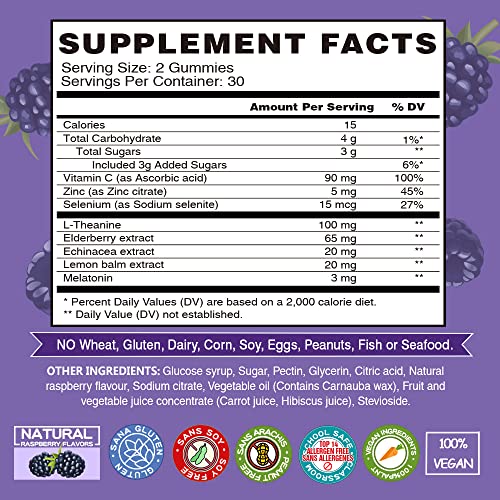 VEGEPOWER Immune Sleep Gummy - Melatonin & Elderberry, Echinacea, L-theanine, Lemon Balm, Zinc, Vitamin C, Immune and Sleep Support for Adults, Vegan - Rasp Flavor, 60 Bears