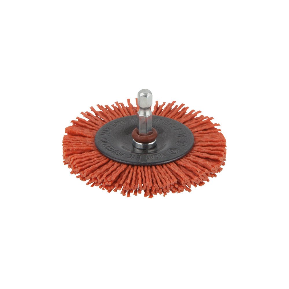wolfcraft Nylon Wire Wheel Brush, aggressive, Ø 75 mm, Hexagon Shank I 1500000