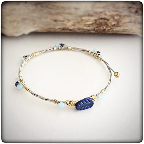 Musically Inspired Wire Wrapped Guitar String Bangle Bracelet - Czech Crystal - Lapis - Collectable - Stackable - Vegan - Eco Friendly - Ready to ship