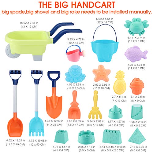 MINGPINHUIUS Beach Toys Kids Boys Beach Sand Toy Set with Barrow Elephant Bucket Two Big Shovels One rake and Mesh Bag Soft Plastic Material (20 pcs)
