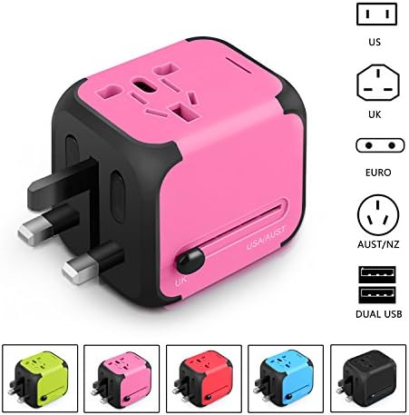 International Travel Adapter Charger - Worldwide AC Socket - 2.4A Dual USB Charging Ports for US, UK, EU, AU - Safety Fuse(PINK)