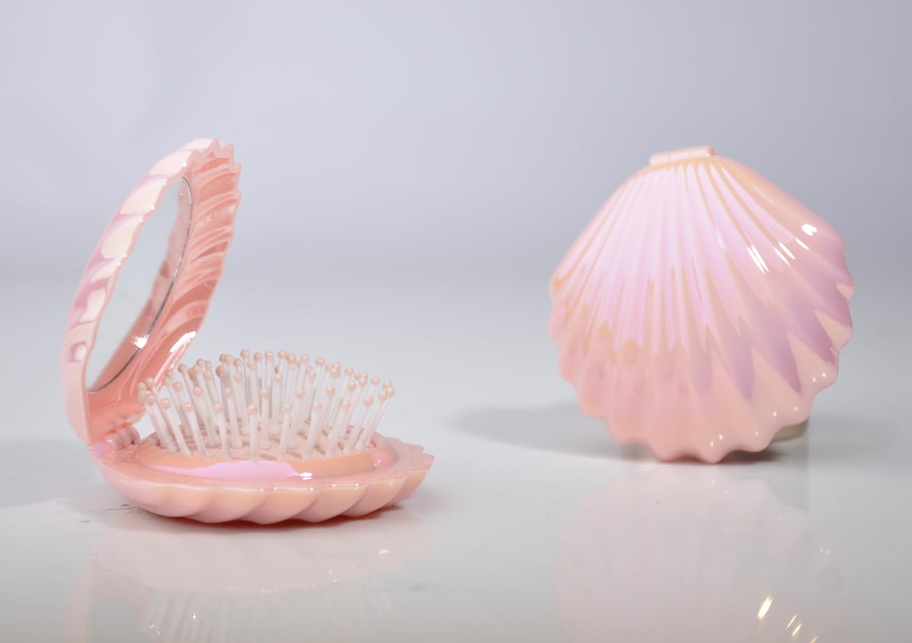 Metallic Shinning Finish Foldable Travel Hair Brushes with Mirror Shell Shape Portable Folding Pocket Hair Brush Mini Hair Comb Compact Size Hair Massage Comb (Pink)