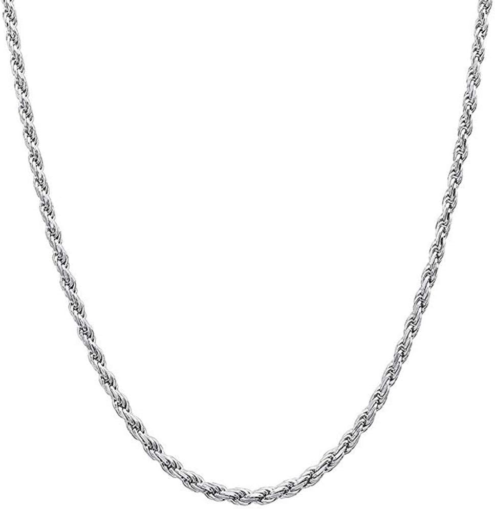 3mm Twisted Rope Chain Link Necklace Diamond Cut 18K White Gold Plated for Men Women Boys Girls 18-26 Inches