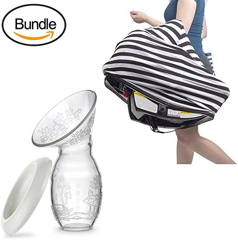ELSKA Bundle Breastfeeding Cover and Manual Silicone Breast Pumps Milk Saver Pumper Cup Breastpump with Suction Flanges and Cover Lid 100ml for Women