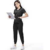 KARAZZO Scrubs Set for Women Nurse Uniform Jogger Suit Stretch V-Neck Scrub Top & Jogger Pant with Pockets for Nurse Workwear
