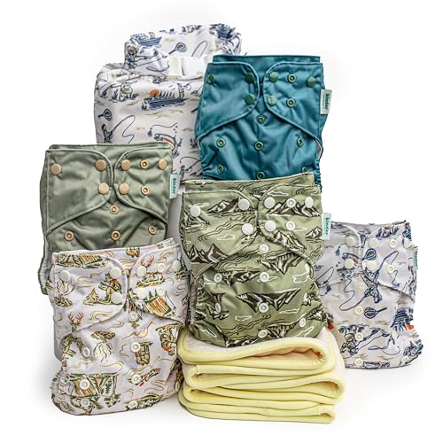 Kinder Cloth Diapers Set of 5 Reusable Baby Diapers Pocket Style Athletic Wicking Jersey, Bamboo Viscose Inserts, Wet Bag, Newborn to Potty Training 7-60lbs, One Size (Great Outdoors)
