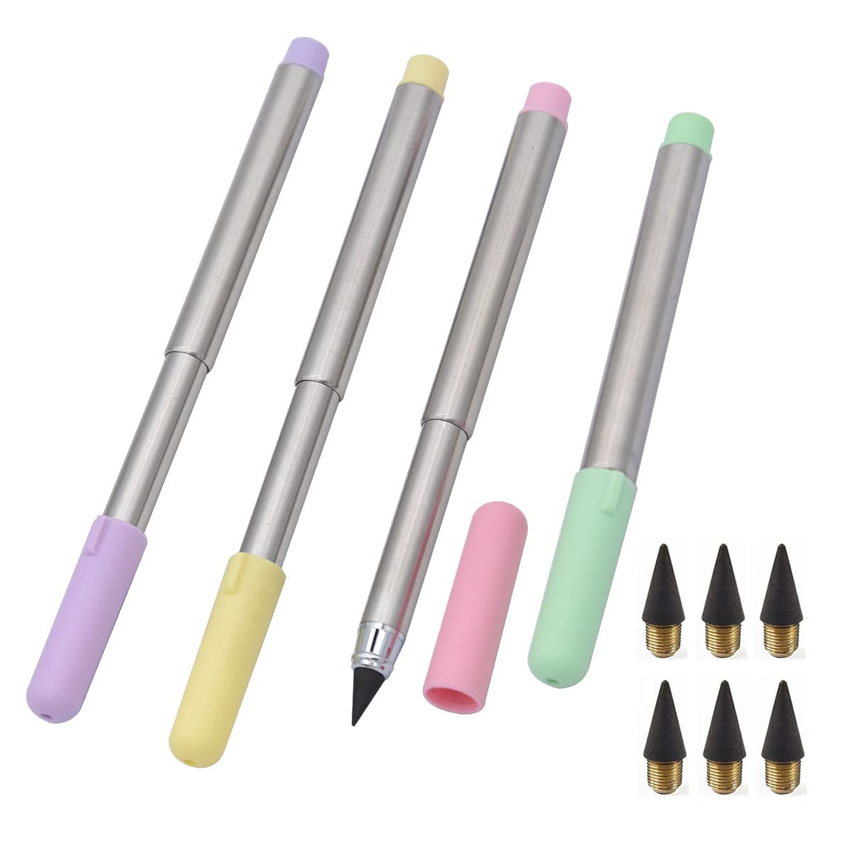SIPLIV 4Pcs Inkless Everlasting Pencil Metal Inkless Signature Pen Retractable Pencils Unlimited Writing Pencil With 6Pcs Replacement Pen Heads - Metal