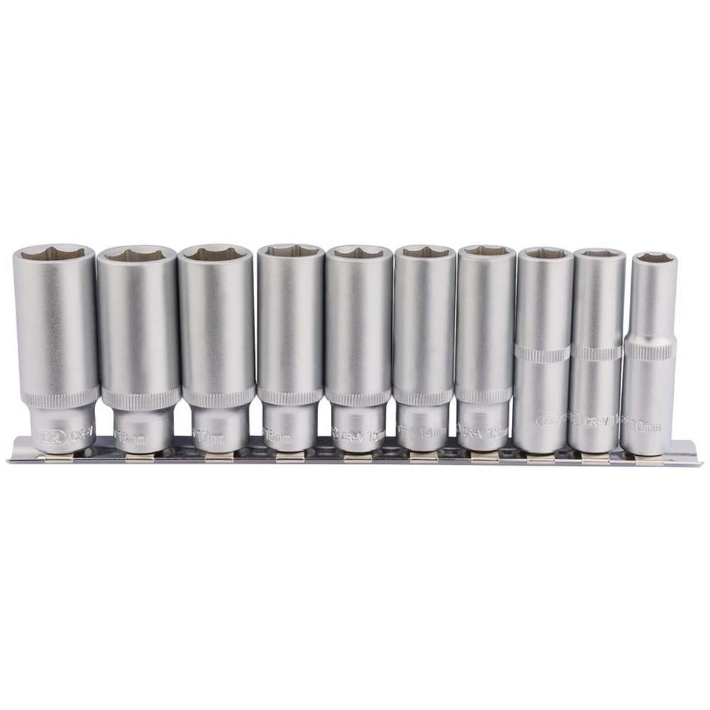Draper 16401 Square Drive Deep Socket 10 Pieces Set on Metal Rail, Blue, 3/8" Length