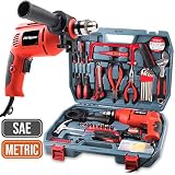 Hi-Spec 300W AC Corded Power Drill & 130pc Hand Tool Set Combo Kit with Hacksaw, Pliers, Claw-Hammer, Wrench, Box Cutter, Hex Keys, Screwdrivers, Socket & Driver Bits, Tape Measure in Storage Case