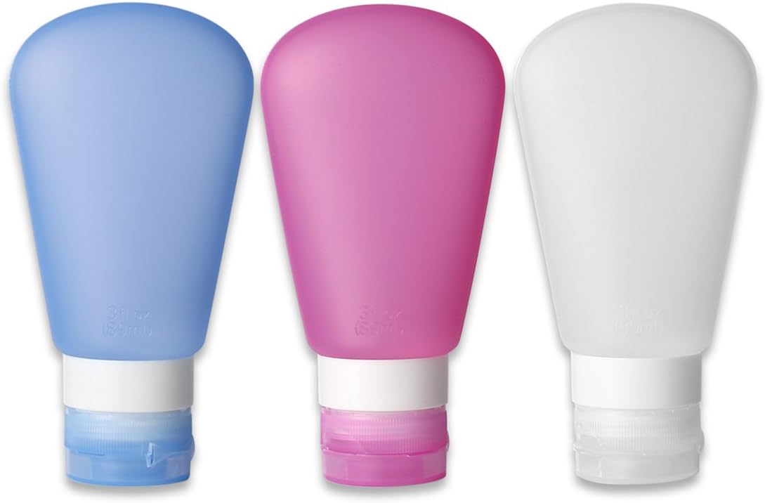 Kitdine Silicone Travel Bottles Squeezable & Refillable Travel Containers for Shampoo, Conditioner, Lotion, Toiletries -TSA Airline Carry-On Approved (Pink,White,Blue, 3oz)
