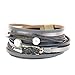 COOLLA Women Genuine Leather Vintage Volcanic Stone Wrap Bangle Bracelet Pearl Pendant Magnet Buckle (Grey)