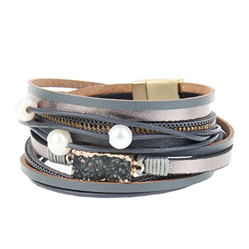 COOLLA Women Genuine Leather Vintage Volcanic Stone Wrap Bangle Bracelet Pearl Pendant Magnet Buckle (Grey) - Thumbnail 3