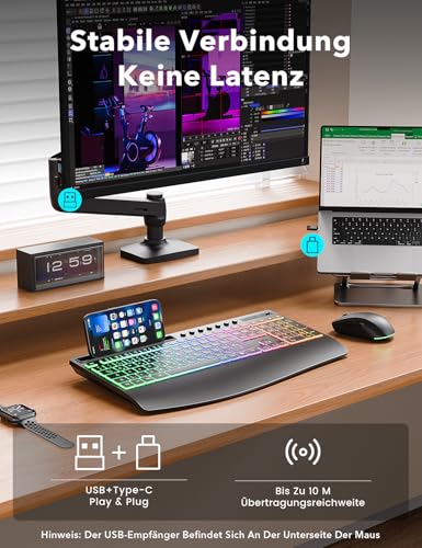 Keyboard Mouse Set Wireless Illuminated Rechargeable Keyboard with 4000 mAh Battery, Phone Holder, Quiet Full Size Typing, 3 DPI Mouse, 2.4GHz USB-A/USB-C for Chrome OS/Window/PC KM22 Ultra