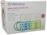 Lifefactory BPA-Free Starter Set with 4 4-Ounce Glass Baby Bottles with Silicone Sleeves, 2 Silicone Teethers, and 2 Nipple 2-Packs (Stage 1 and Stage 2), Spring and Sky