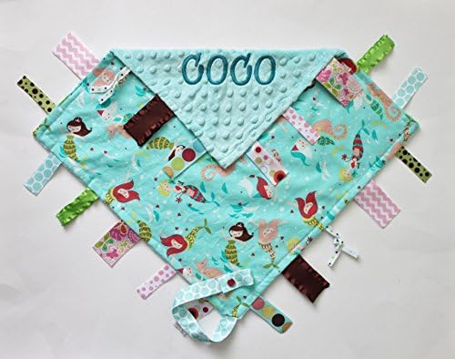 Personalized Mermaid Ribbon Tag Blanket with Pacifier Clip, Custom Blanket, Blanket with Ribbons, Coral, 16"x16"