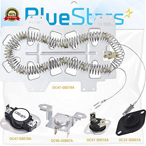Samsung Dryer Heating Element DC47-00019A, DC96-00887A & DC47-00016A Thermal Fuse, DC47-00018A Thermostat and DC32-0000A Dryer Thermistor COMPLETE Dryer Repair Kit Replacement by Blue Stars