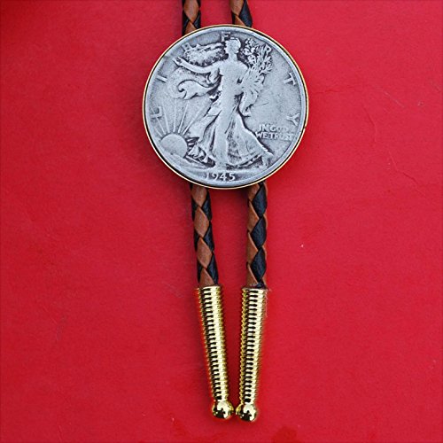 US 1945 Walking Liberty Half Dollar 90% Silver Coin Simple Slide 36" Cord Bolo Tie NEW