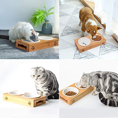 Legendog Cat Bowls, Elevated Dog Cat Bowls, Fashion Cat Ceramic Bowl with Bamboo Stand, Cat Food Water Bowl, Pet Bowls for Cats and Small Dogs