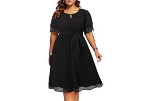 Pinup Fashion Plus Size Dresses for Wedding Guest - Semi Formal Cocktail Chiffon Keyhole Neck Knee Length Dress