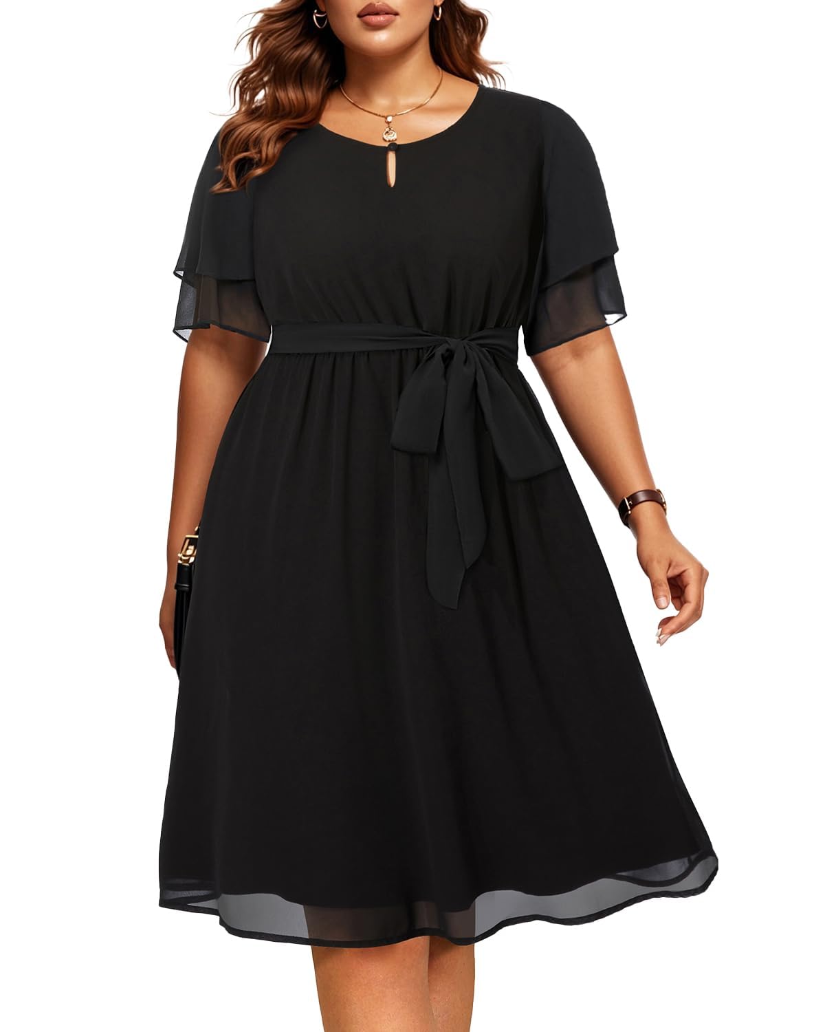Photo 1 of Pinup Fashion Plus Size Little Black Dresses Women Wedding Guest Funeral Chiffon Cocktail Semi Formal Elegant Party Flowy Midi Dress