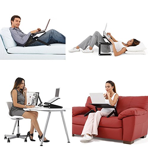 YINXN Adjustable Vented Laptop Desk, Ergonomic Portable Laptop Stand Multi-function TV Bed Lap Tray Office Table Lightweight Aluminum Tray with Side Mount Mouse Pad - Black