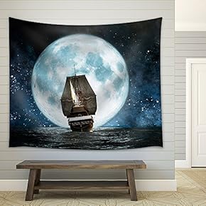 Moon, Boat and Reflection in The Water - Fabric Wall Tapestry Home Decor - 51x60 inches