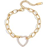 Kokoma Rhinestone Heart Link Bracelet for Women, Cubic Zirconia Hollow Love Heart Bracelet Chunky Thick Chain Stainless Steel Dainty Hand Jewelry
