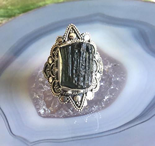 Sz 8.75, Genuine CZECH MOLDAVITE Rough Tektite, 925 Sterling Silver Edwardian Style Ring Jewellery.