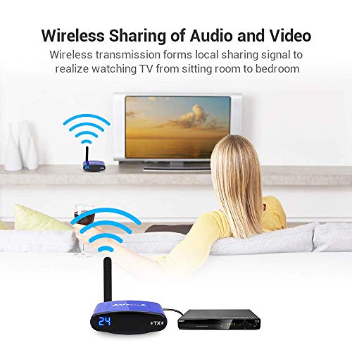 Wireless Audio Transmitter & Receiver,PAKITE 5.8GHz 24 Channels with IR Remote Extender,Support 480P 200M Transmission Wireless RCA Video & Audio Sender for Satellite DVD to TV Home Use