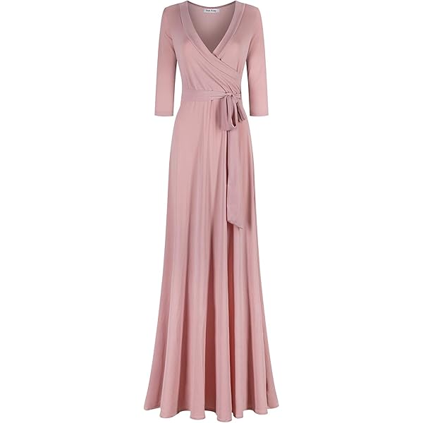 fitted lace wedding dress Bon Rosy Women's 3/4 Sleeve V-Neck Solid Maxi Wrap Dress Navy S at Amazon  Women's Clothing store