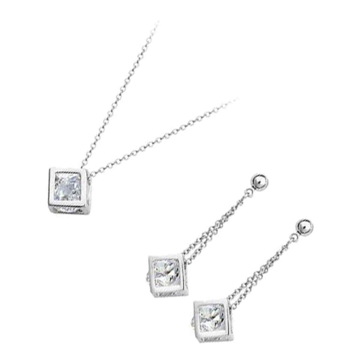 GWG Jewellery Set 925 Sterling Silver Coated Pendant Necklace and Earrings Round Cut Clear Stone Inside Cube in Gift Box for Women