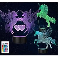 AMWGIMI 3PCS Night Light for Kids-3D Illusion Unicorn Night Lamp Three Pattern and 7 Colors Change Decor Lamp with Remote Control for Kids Best Gifts