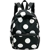 ELIRAR Polka Dot Backpack, Black and White Mini Casual Day Bag | smooth look exterior, front zip pocket, rounded top, flat base, matching patterned straps, short top handle