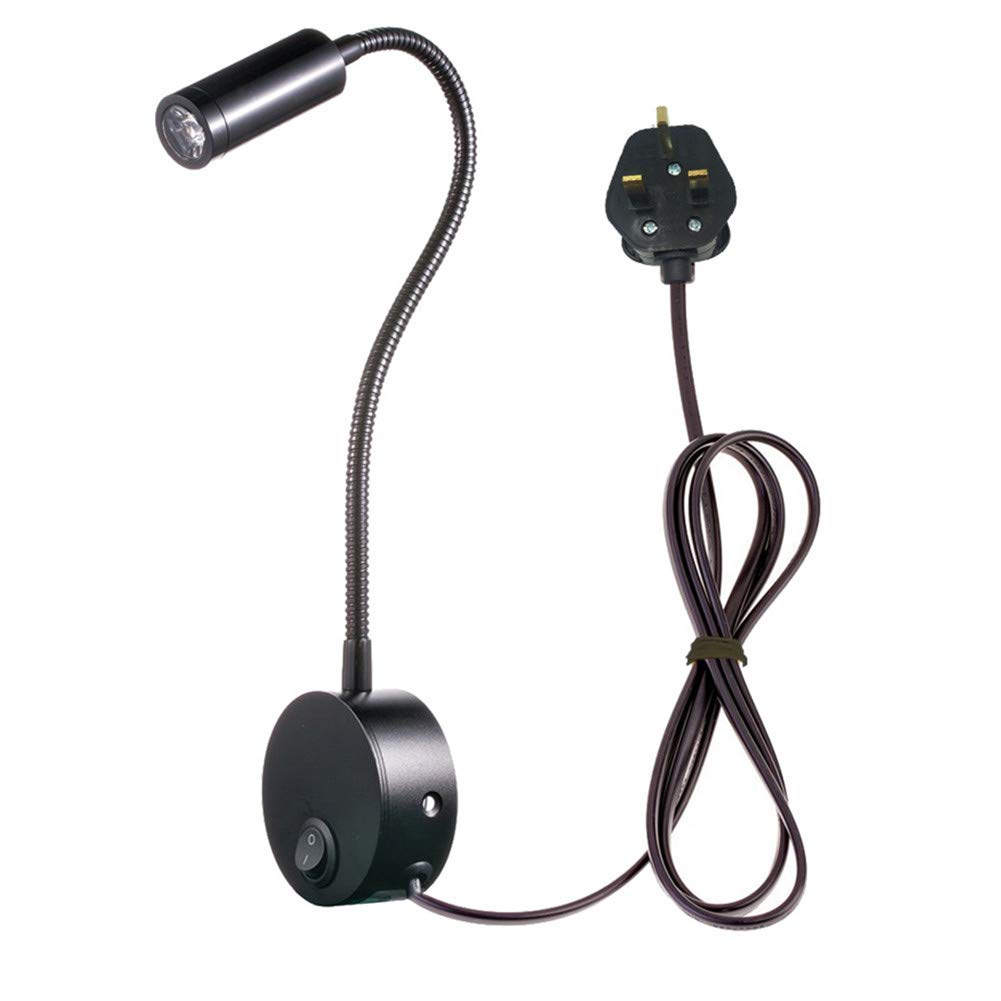 WeFoonLo 3W Wall Mounted Reading Light Flexible Gooseneck LED Sconce Lamp with Plug & Switch for Bedroom, Office, Workbench, Studio (3W Black Warm White)