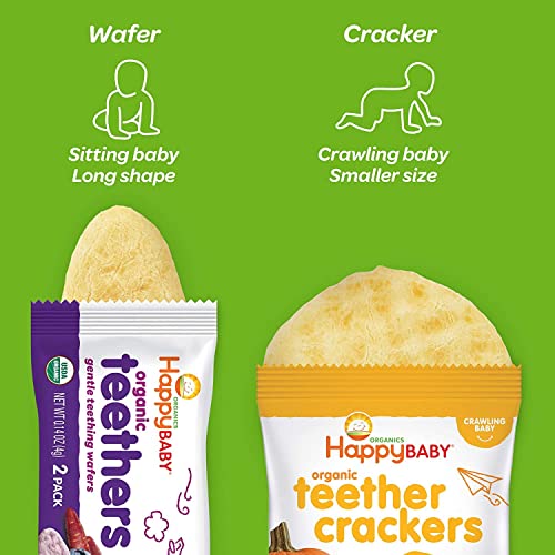 HAPPY BABY GENTLE TEETHERS ORGANIC TEETHING WAFERS BLUEBERRY PURPLE CARROT, 0.14 OUNCE PACKETS (BOX OF 12) SOOTHING RICE COOKIES FOR TEETHING BABIES DISSOLVES EASILY, GLUTEN FREE NO ARTIFICIAL FLAVOR