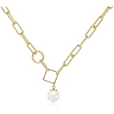 Mesovor Single Pearl Pendant Necklace for Women, 16K Gold Plated Paperclip Chain Necklace