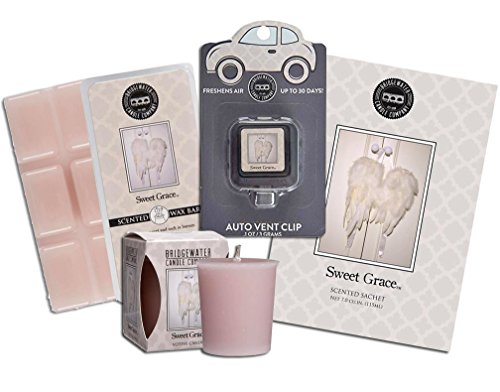Bridgewater Candle Company Sweet Grace Sampler Variety Pack Bundle - Votive, Wax Bar, Scented Sachet, and Auto Vent Clip - In Gift Box by Main Event Gifts