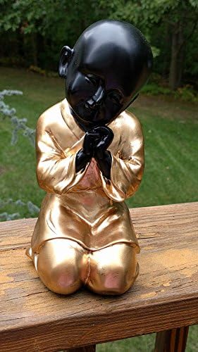7.5 " Golden Baby Buddha Statue , Indoor Home decoration , Handmade Figurine Cute Resin Black Statue for Peace and Relaxation with hand paint finish