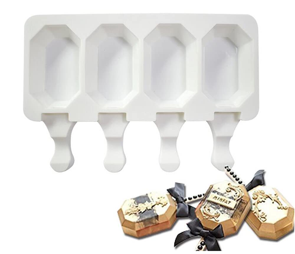 XiaoShenLu Silicone Ice Maker Pop Mould Popsicle Lolly Mould DIY Kitchen Tool with 50 Pieces Wooden Popsicle Sticks, 4 Holes Octagon