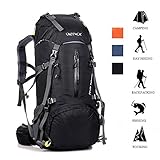 ONEPACK 50L(45+5) Hiking Backpack Waterproof Backpacking Bag Outdoor Sport Daypack for Climbing Mountaineering Camping Fishing Travel Cycling Skiing with Rain Cover (Black)