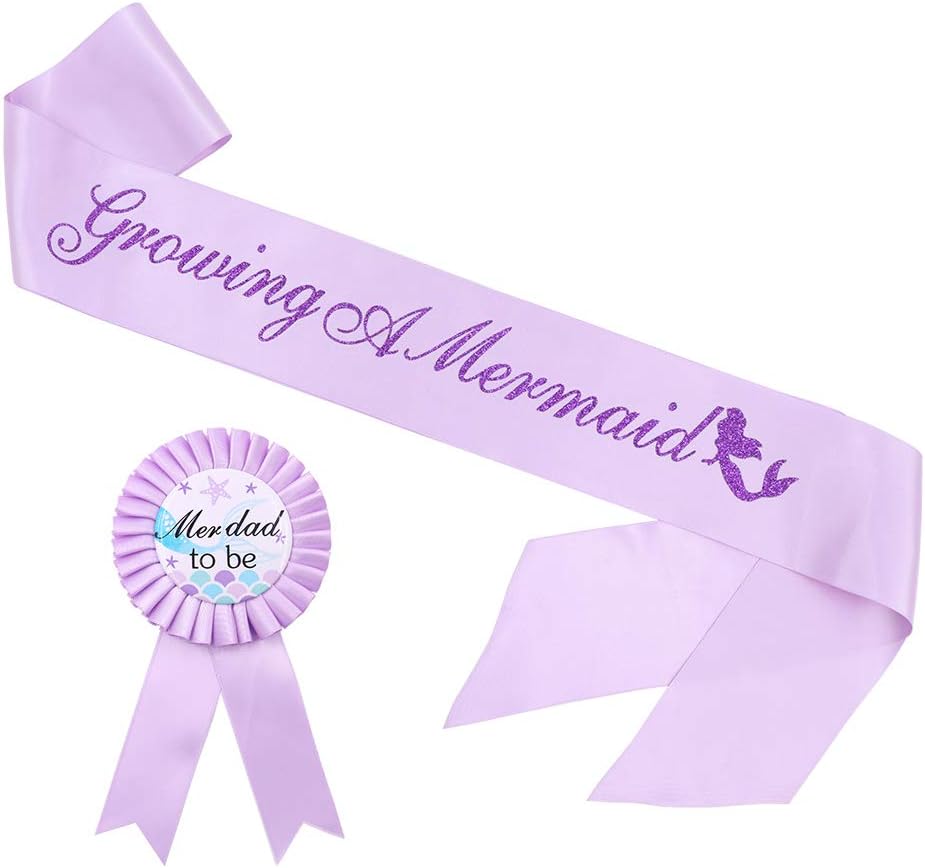 Growing A Mermaid Sash & Mer-Dad to Be Pin Kit - Under The Sea Baby Shower Gender Reveals Party Gifts (Purple)